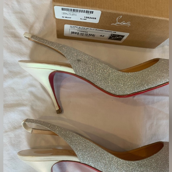 Christian Louboutin Clare Silver Glitter and White Heel Slingback, Size 42! - Picture 2 of 14
